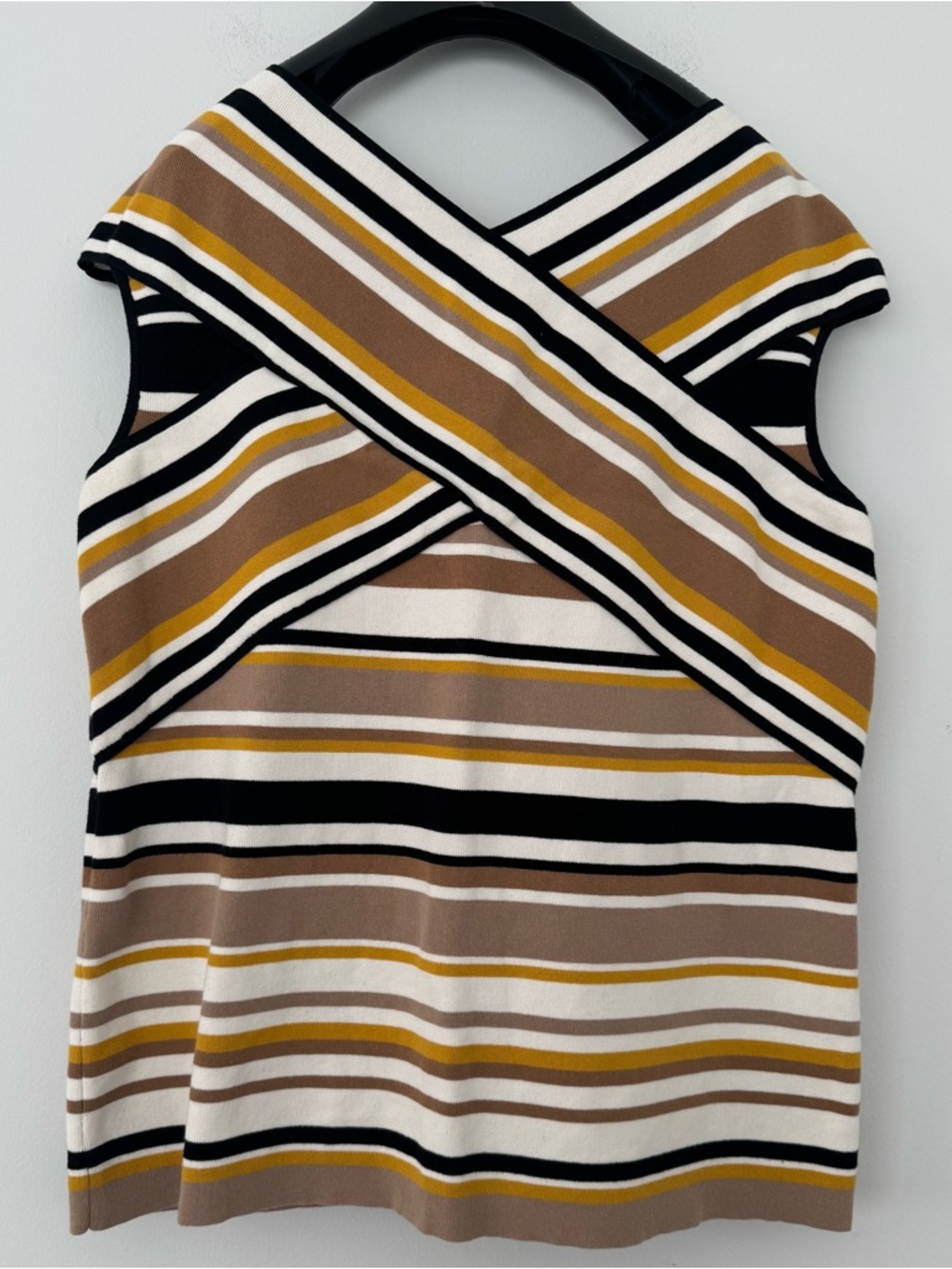 Chico's Striped Cross-Back Knit Top Mustard Taupe White Tank Women’s 3 (XL)